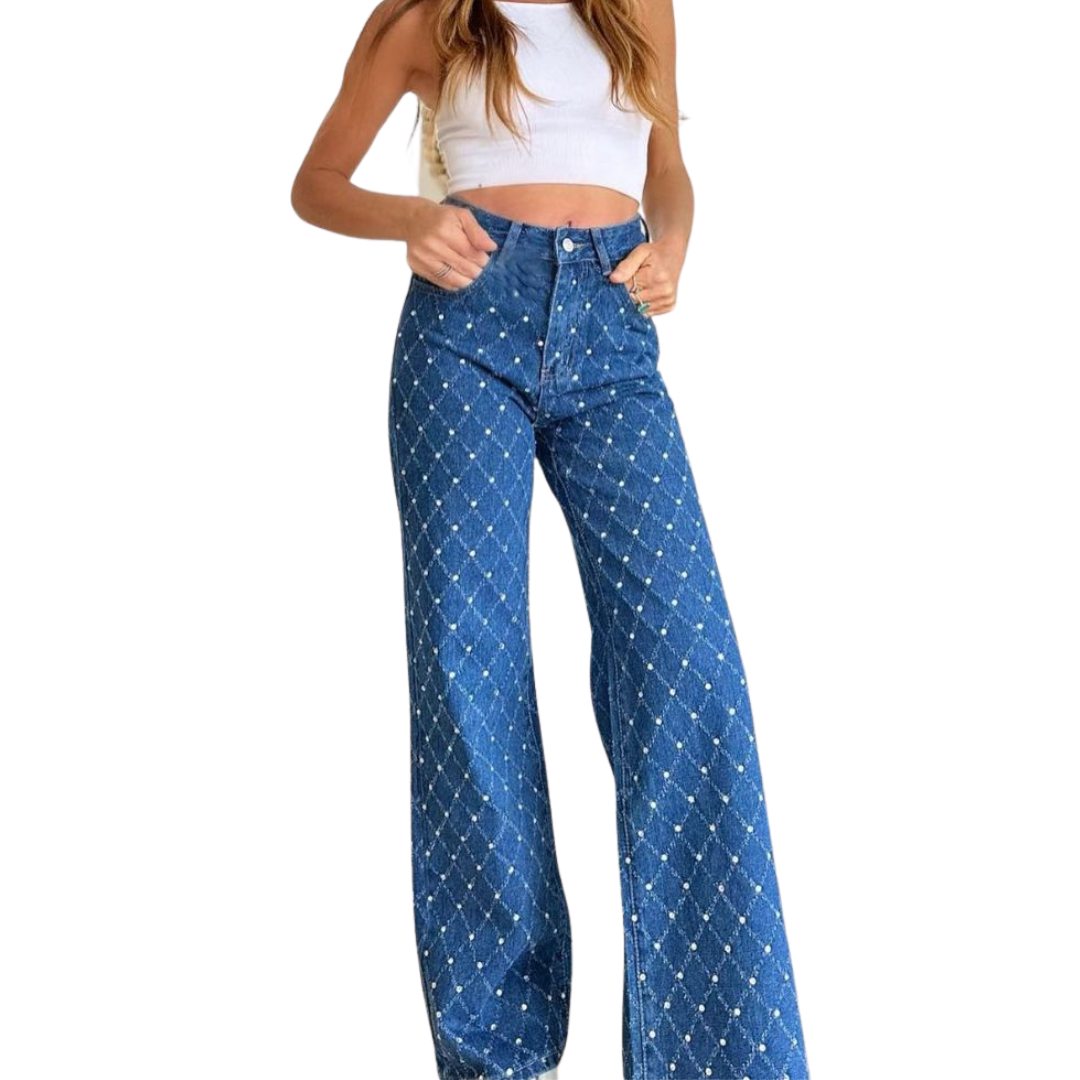 Jeans wide leg con aplicaciones de piedras